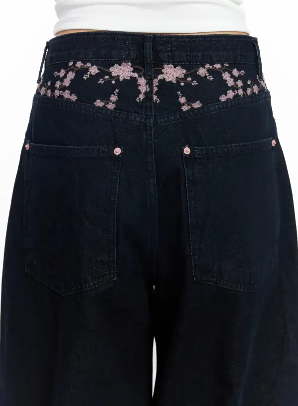 Cherry Blossom Embroidered Wide Leg Jeans