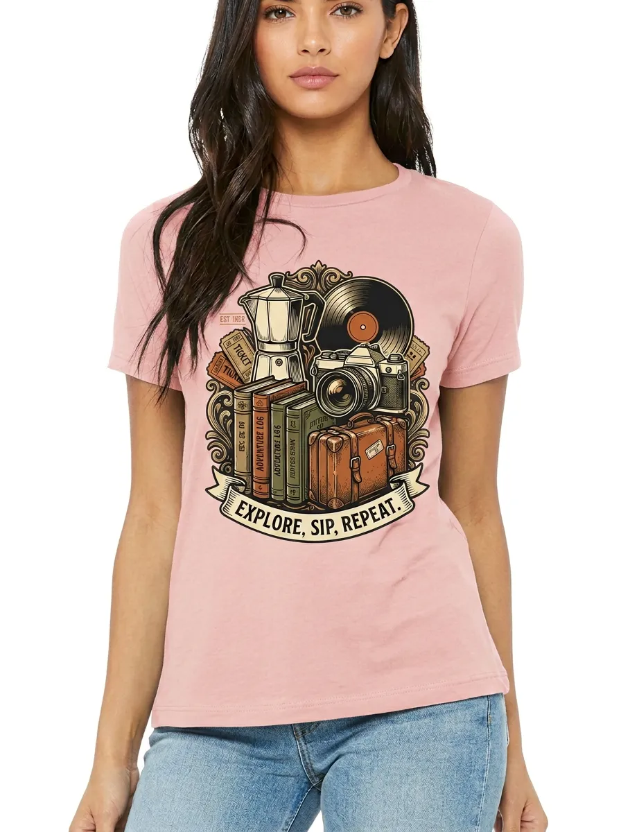 Women's Travel Coffee Book Camera Graphic Crewneck T-Shirt