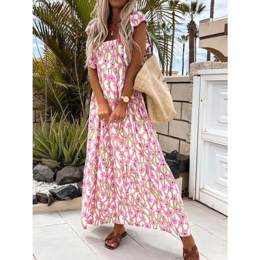 Ruffled Printed Cap Sleeve Midi Dress