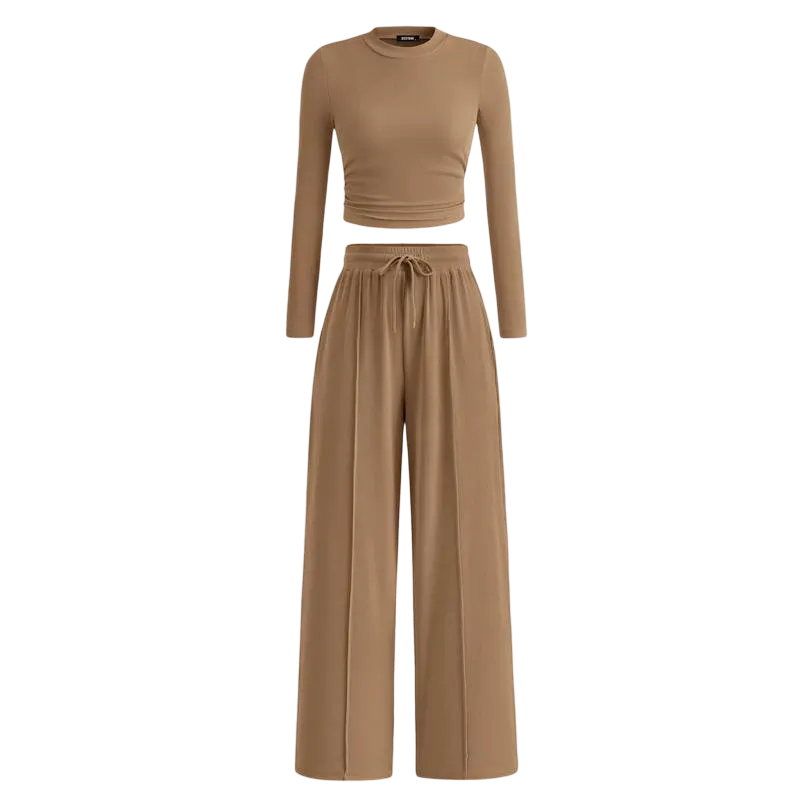 Long-Sleeve Top and Wide-Leg Pants Casual Homewear Set
