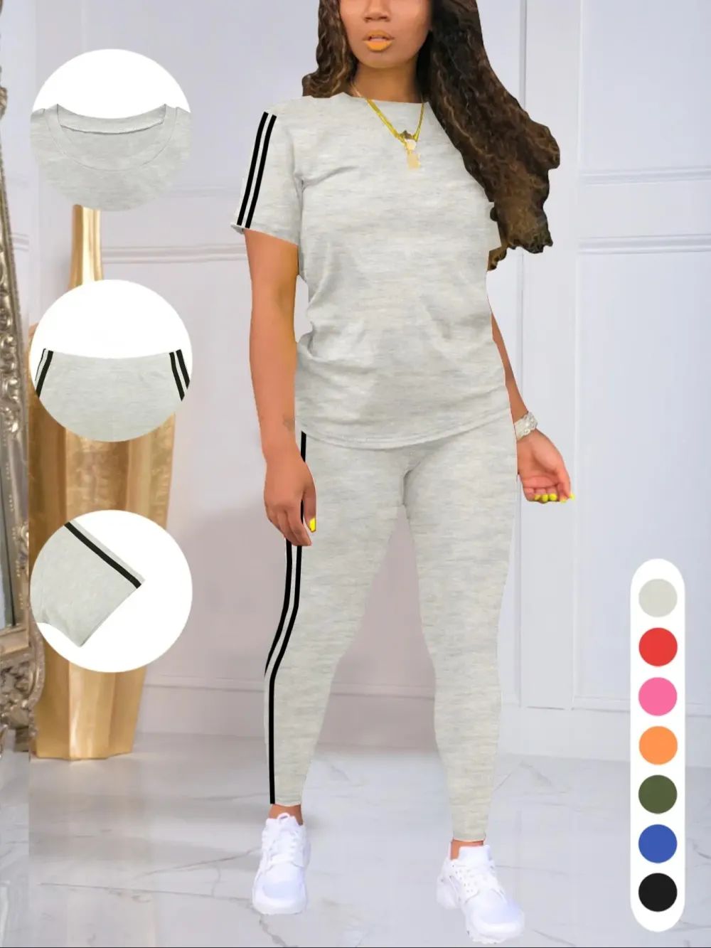 Women's Chic Side-Stripe Lounge Set – Casual Tee & Pants Two-Piece Outfit