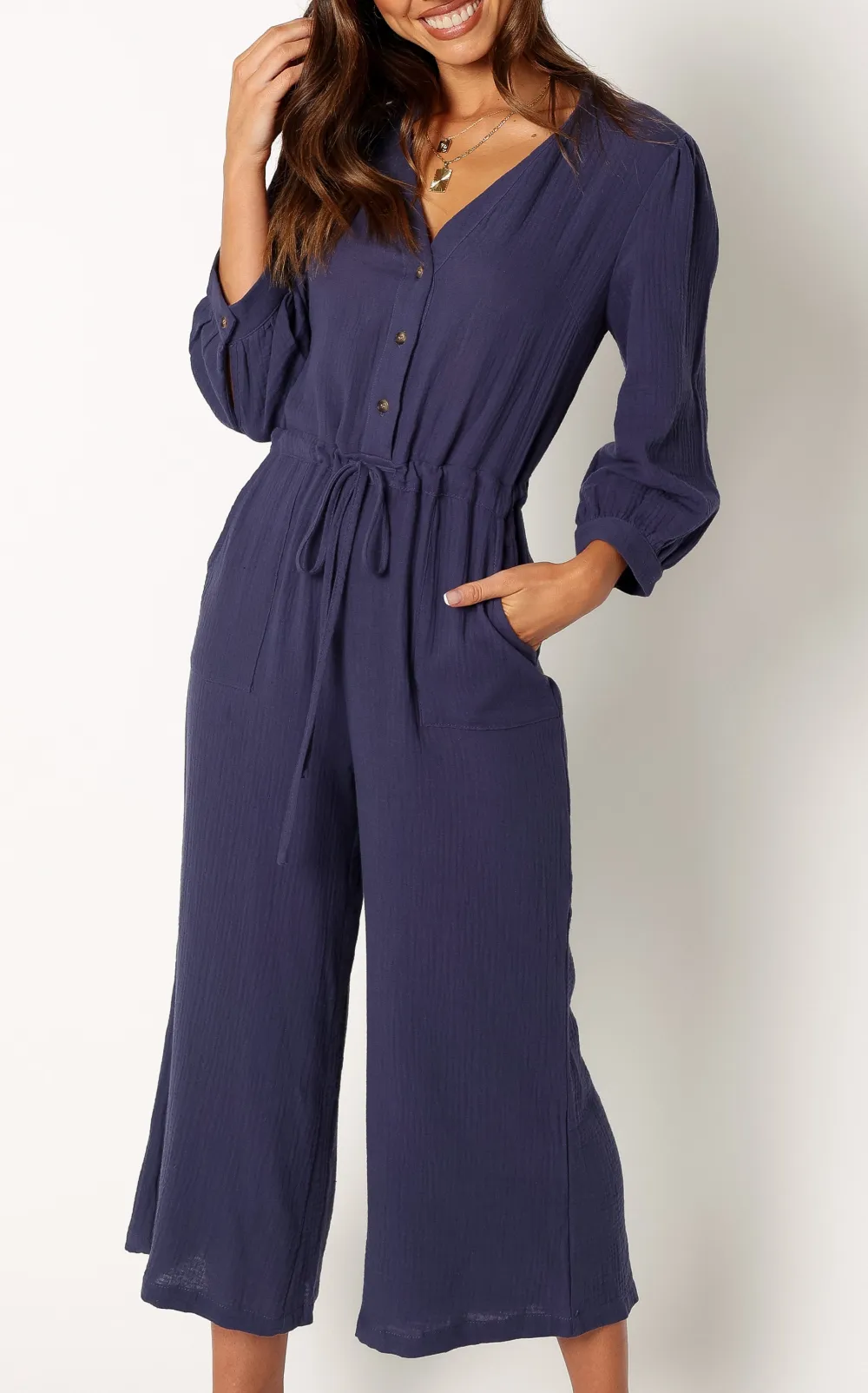 V-Neck Straight-Leg Pocket Jumpsuit