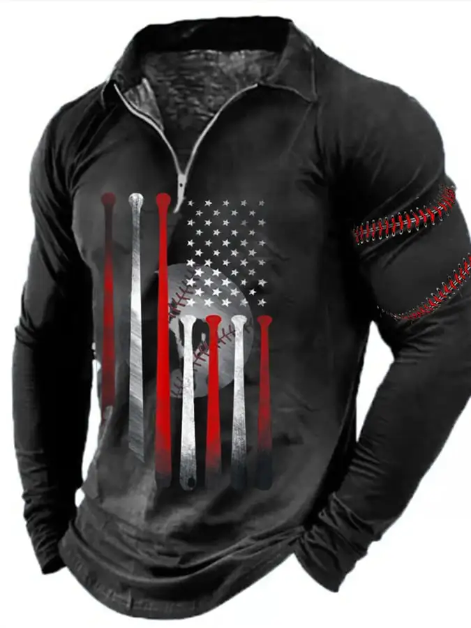 Men'S Baseball Print Lapel Zip Long Sleeve Top