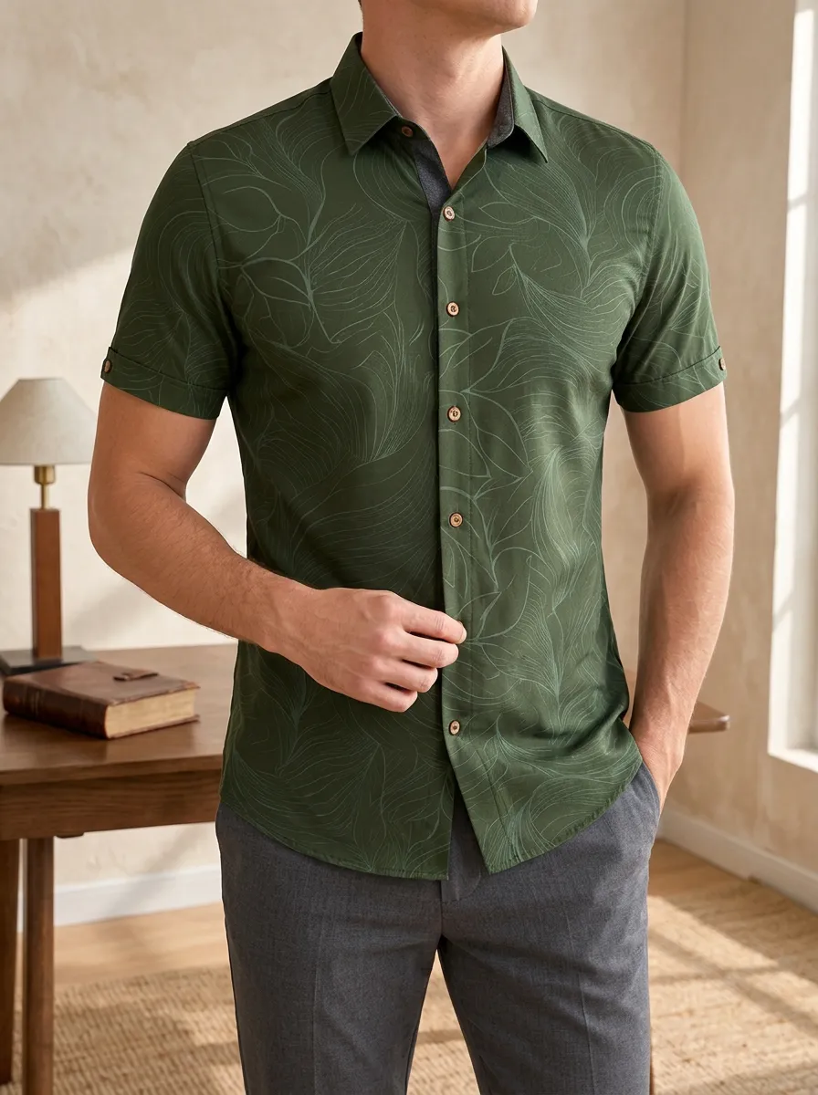 Men's Botanical Leaf Pattern Slim Fit Printed Shirt