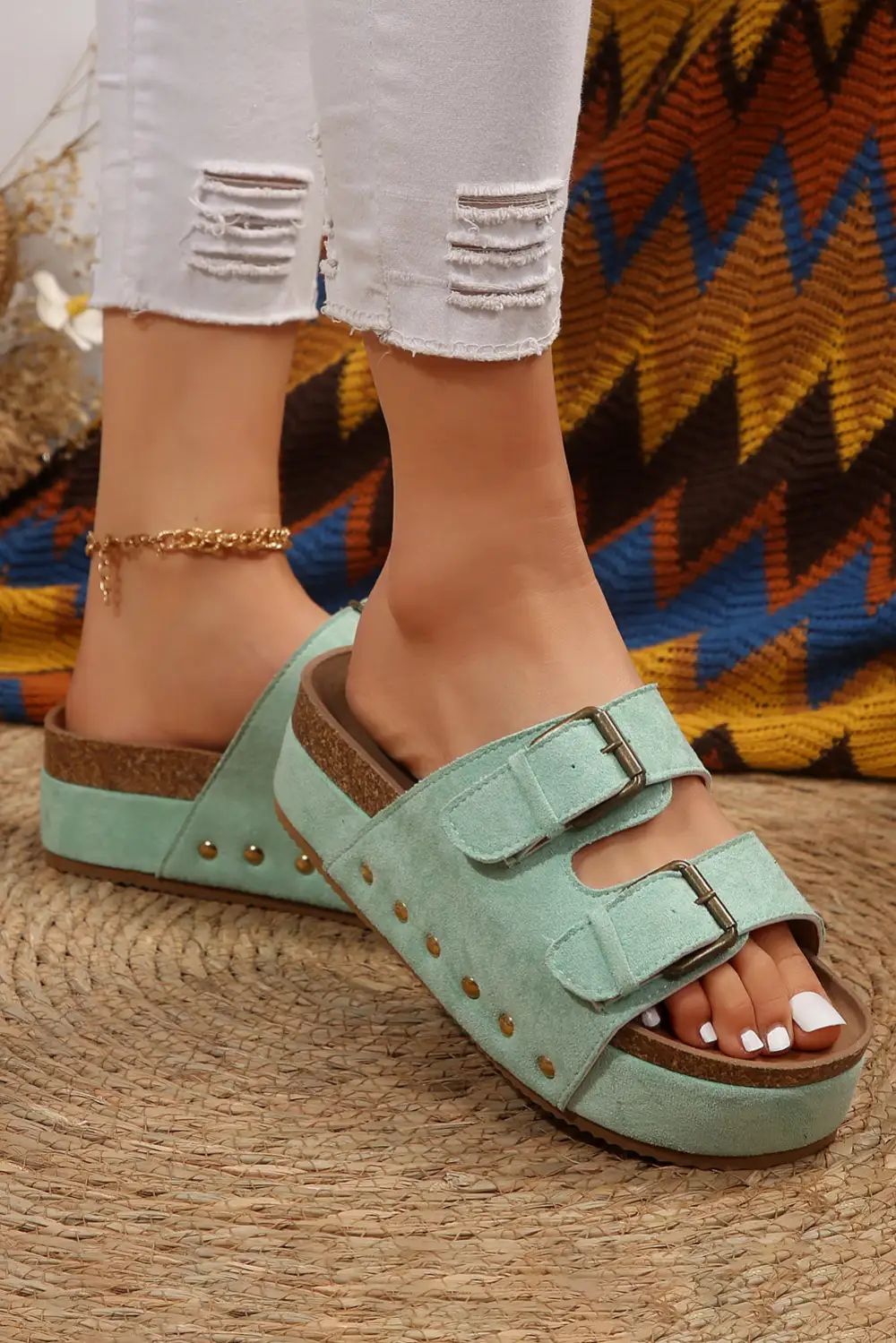 Suede Buckle Decor Footbed Sandals Slide Slippers Everyday
