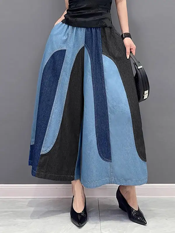 Contrast Panel Relaxed Fit Wide Leg Seamed Elastic Waist Jeans