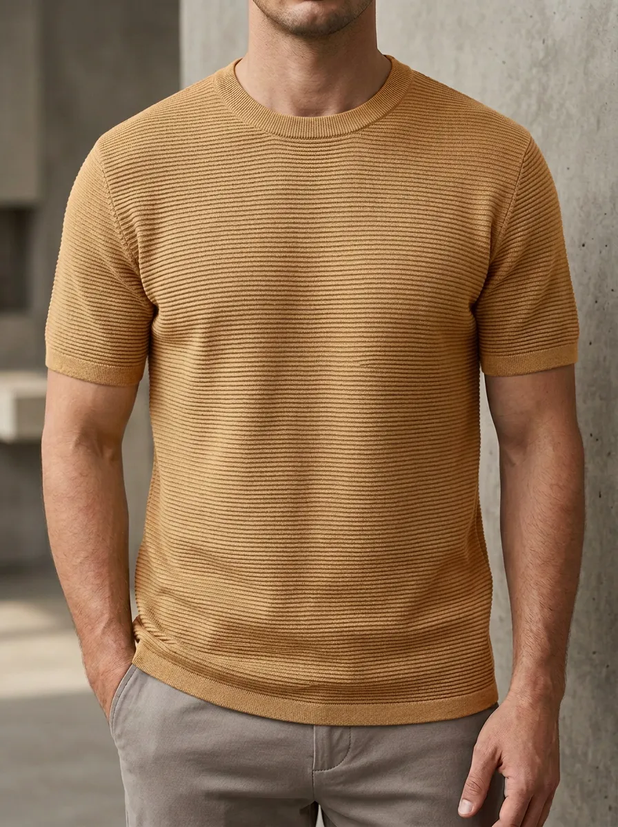 Ribbed-Knit Textured-Knit Men's Knit Crew-Neck T-Shirt