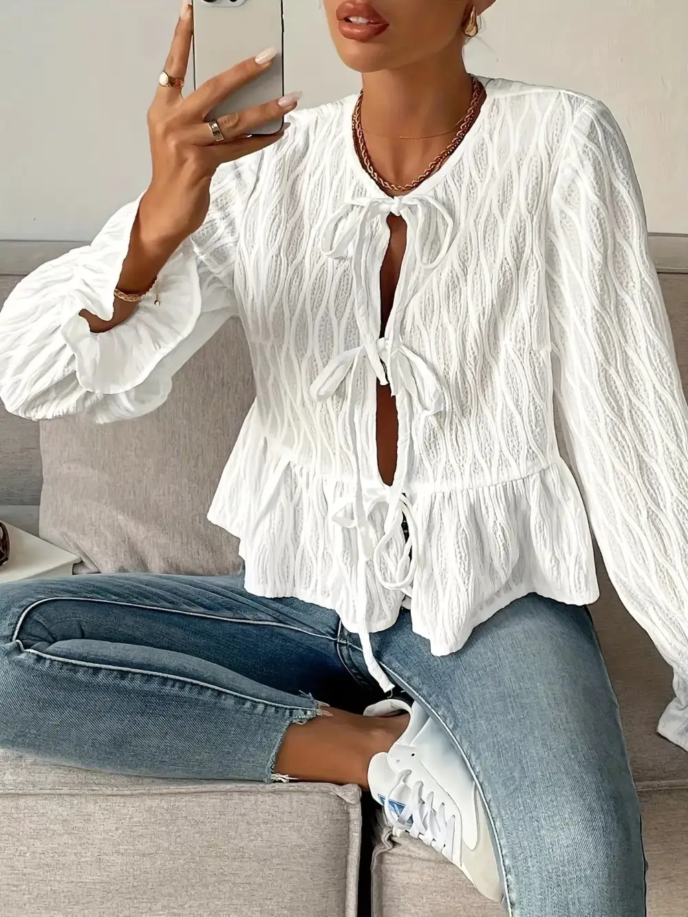 Refined Tie Front Flounce Sleeve Blouse
