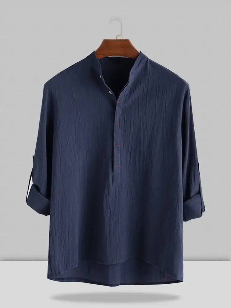 Stand Collar Cotton Linen Sleeve Shirt