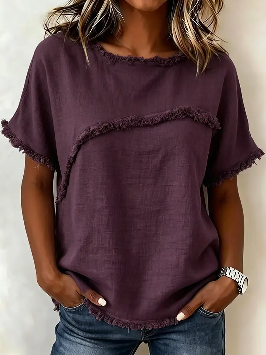 Relaxed Short Sleeve Fringed Panel Detail Round Neck T-Shirt