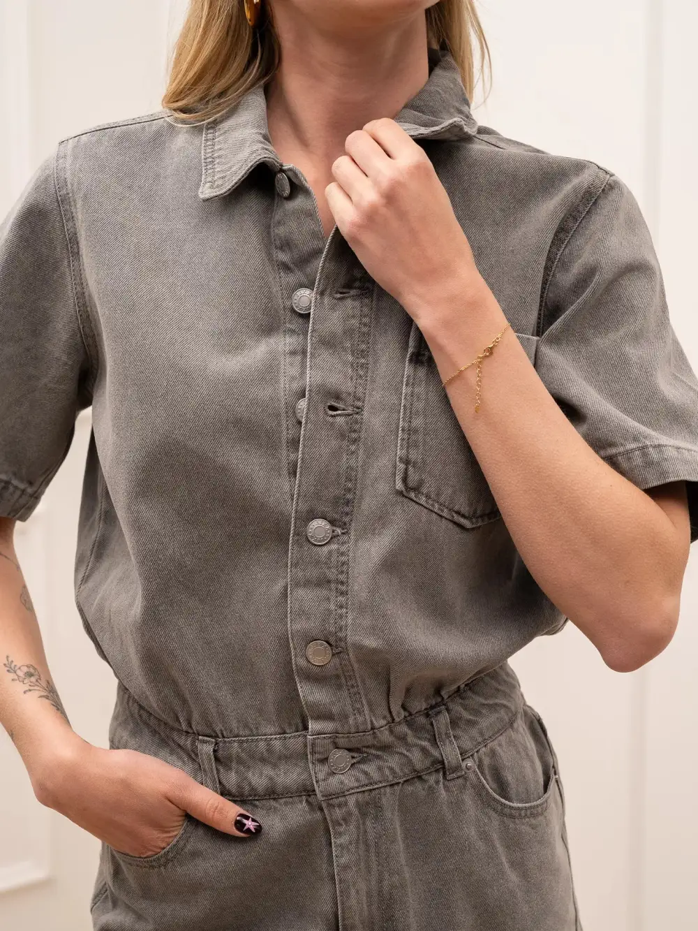 Mini Button Front Cotton Jumpsuit