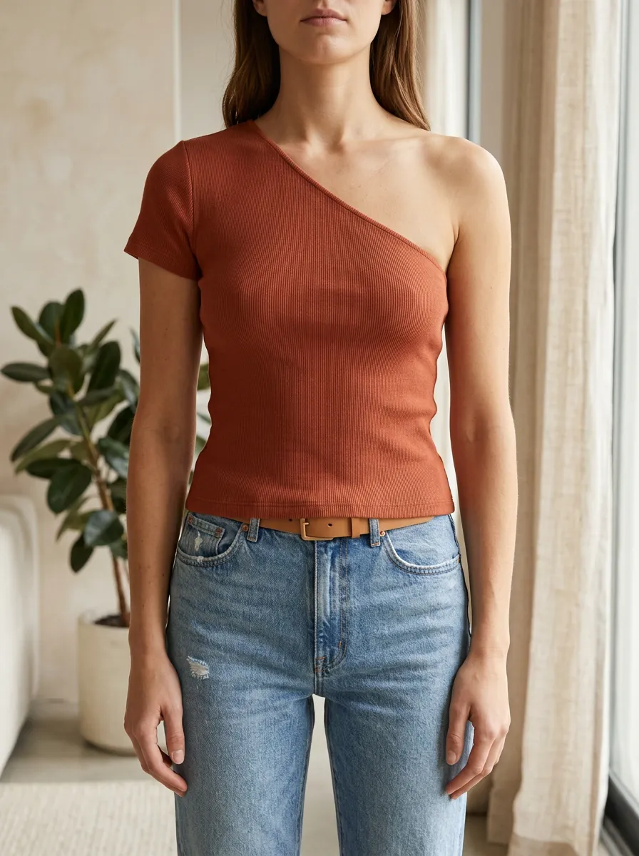 Women's Casual Minimalist Rust Ribbed One Shoulder Top