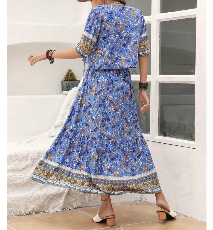 Ditsy Floral Tie Neck Top and Slit Skirt Set