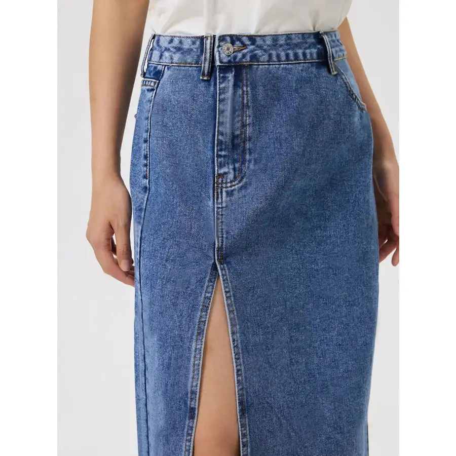 Simple Slit Midi Denim Skirt with Pockets
