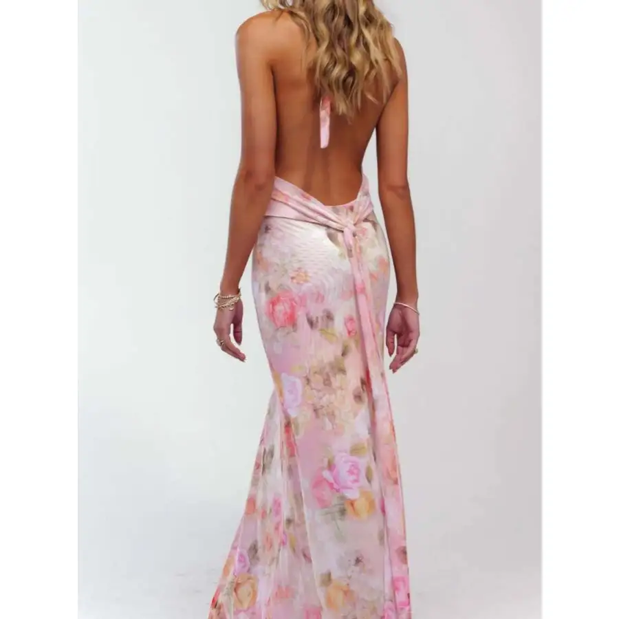 Floral Halter Neck Deep V Maxi Dress
