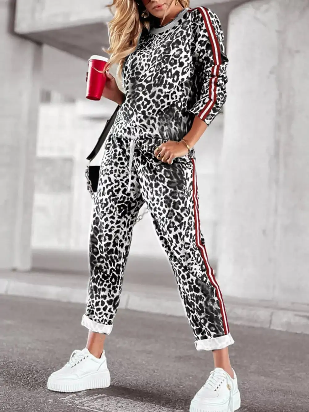 Leopard Print Long Sleeve Top and Pants Set