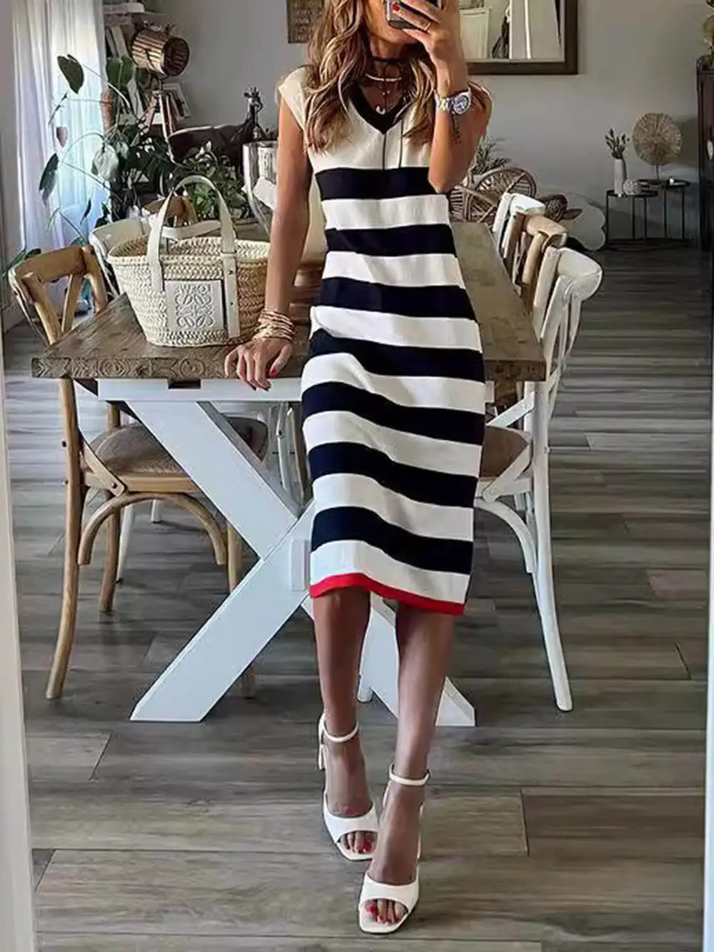 Classic Stripe Print V Neck Slit Midi Dress