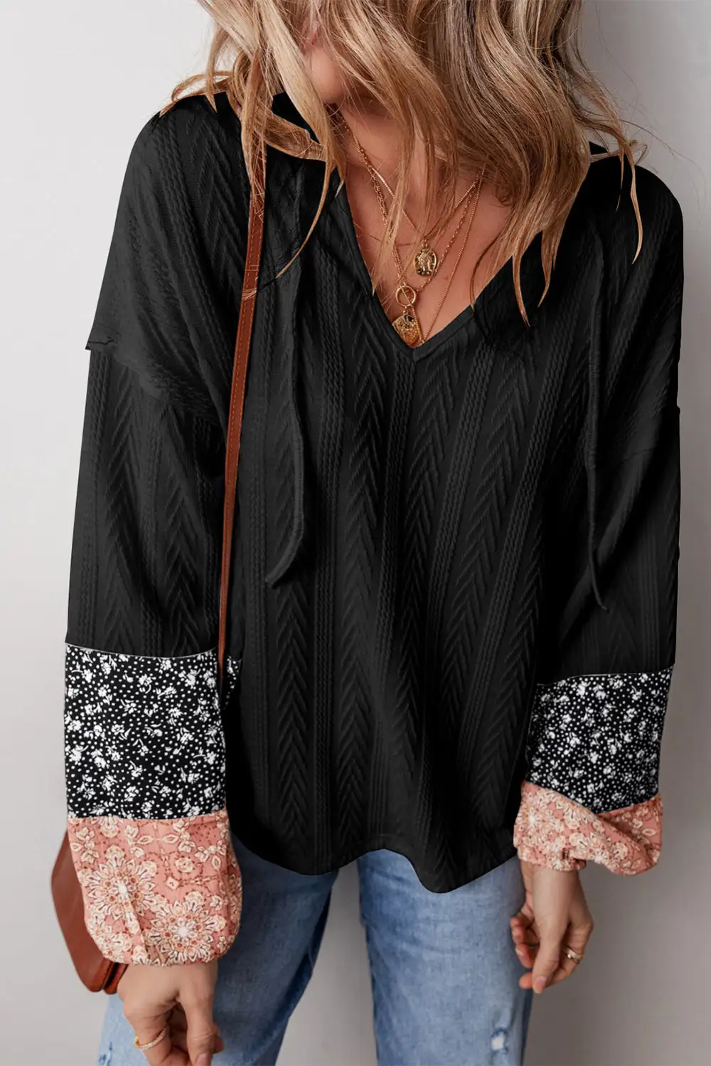 Classic Floral Patchwork Textured Knit Drawstring V Neck Blouse