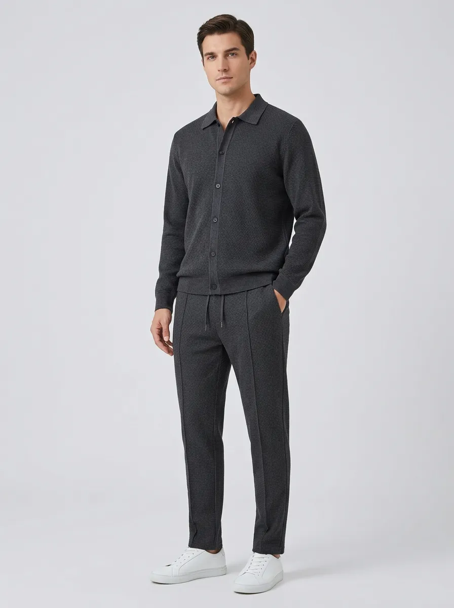 Men's Waffle Textured Minimal Polo Collar Jacket and Jogger Pants Set