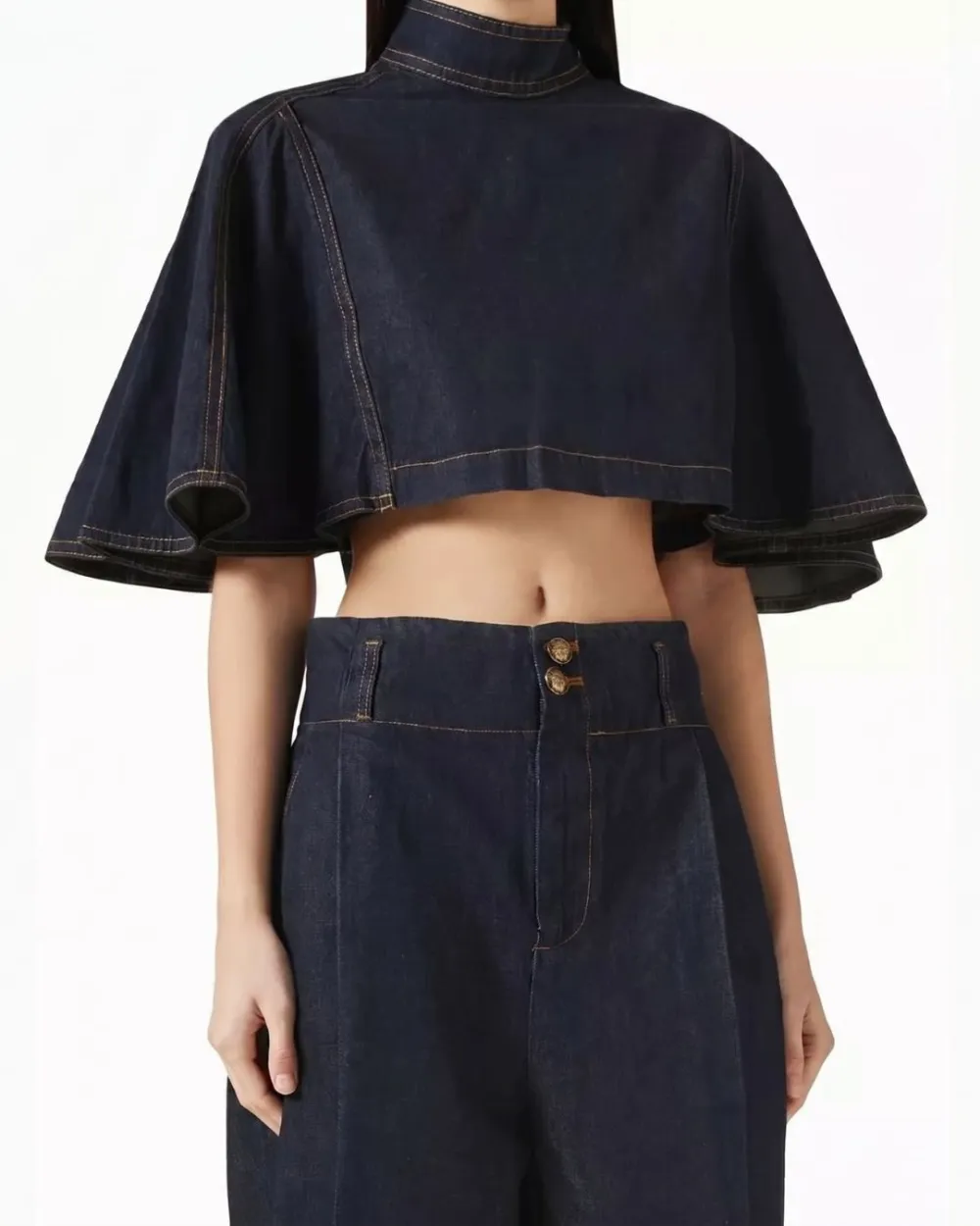 Modern Denim Capelet and High-Waist Tapered Pants Two-Piece Set