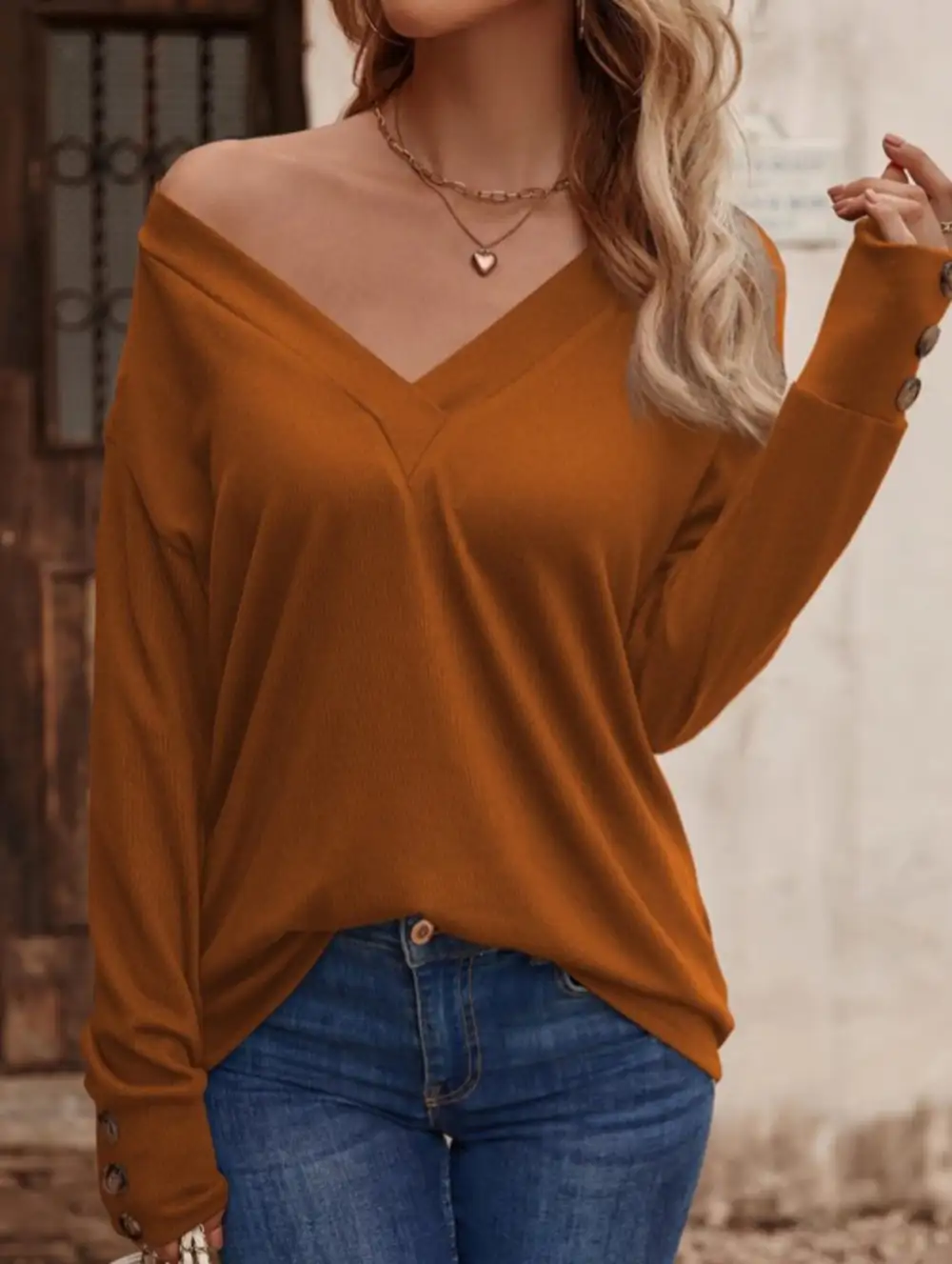 V Neck Button Loose Long Sleeve Tee