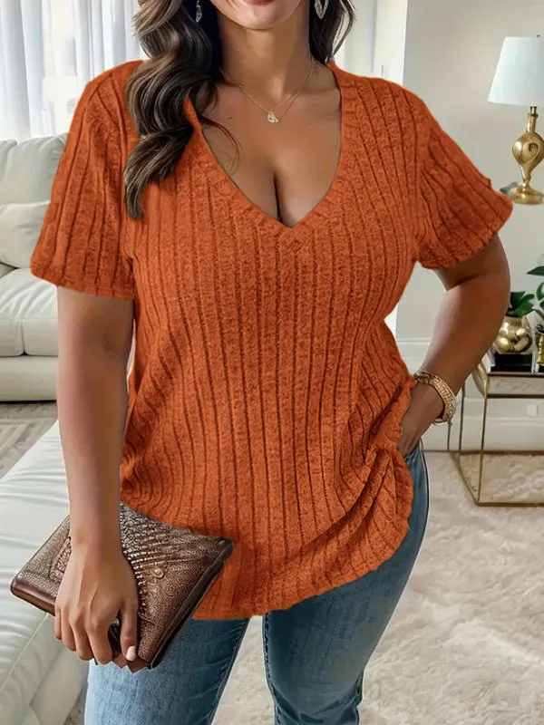 Women Plus Size Summer V-Neck Tee – Casual Short Sleeve Top