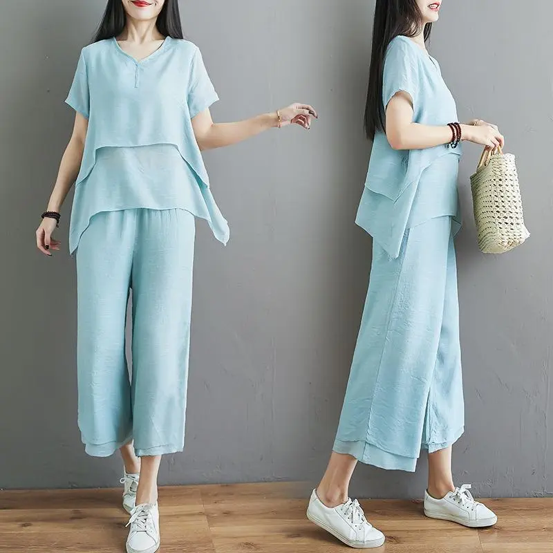 Women's Double-Layer Wide-Leg Pants Cotton And Linen Suit
