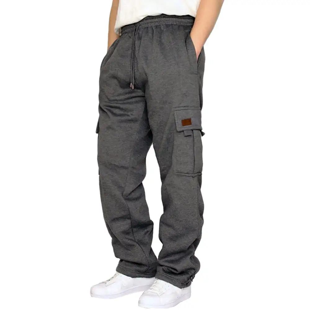 Men's Tapered Sweat Cargo Pants with Elastic Waistband Drawstring and Flap Pockets
