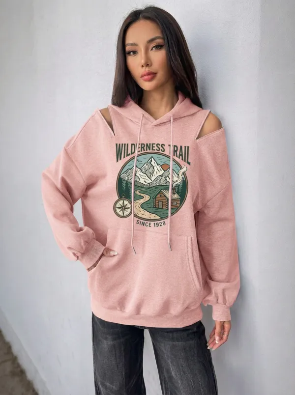 Women's Wilderness Trail Mountain Cabin Graphic Cold-Shoulder Hoodie