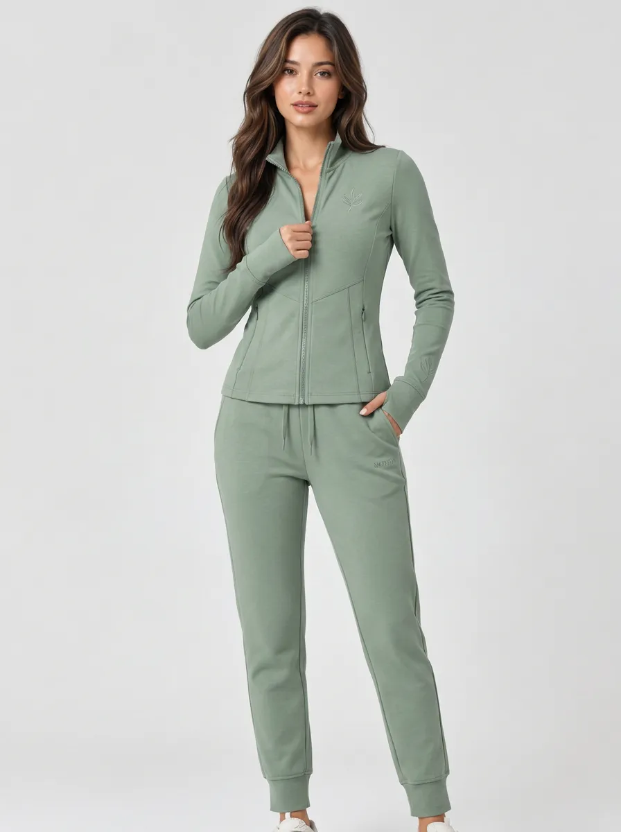 Women's Sage Green Leaf Zip-Up Jacket & Jogger Set