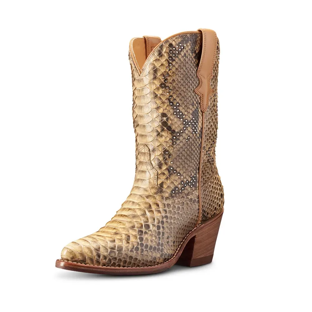 Faux-Leather Snakeskin-Print Studded Pointed-Toe Western Boots
