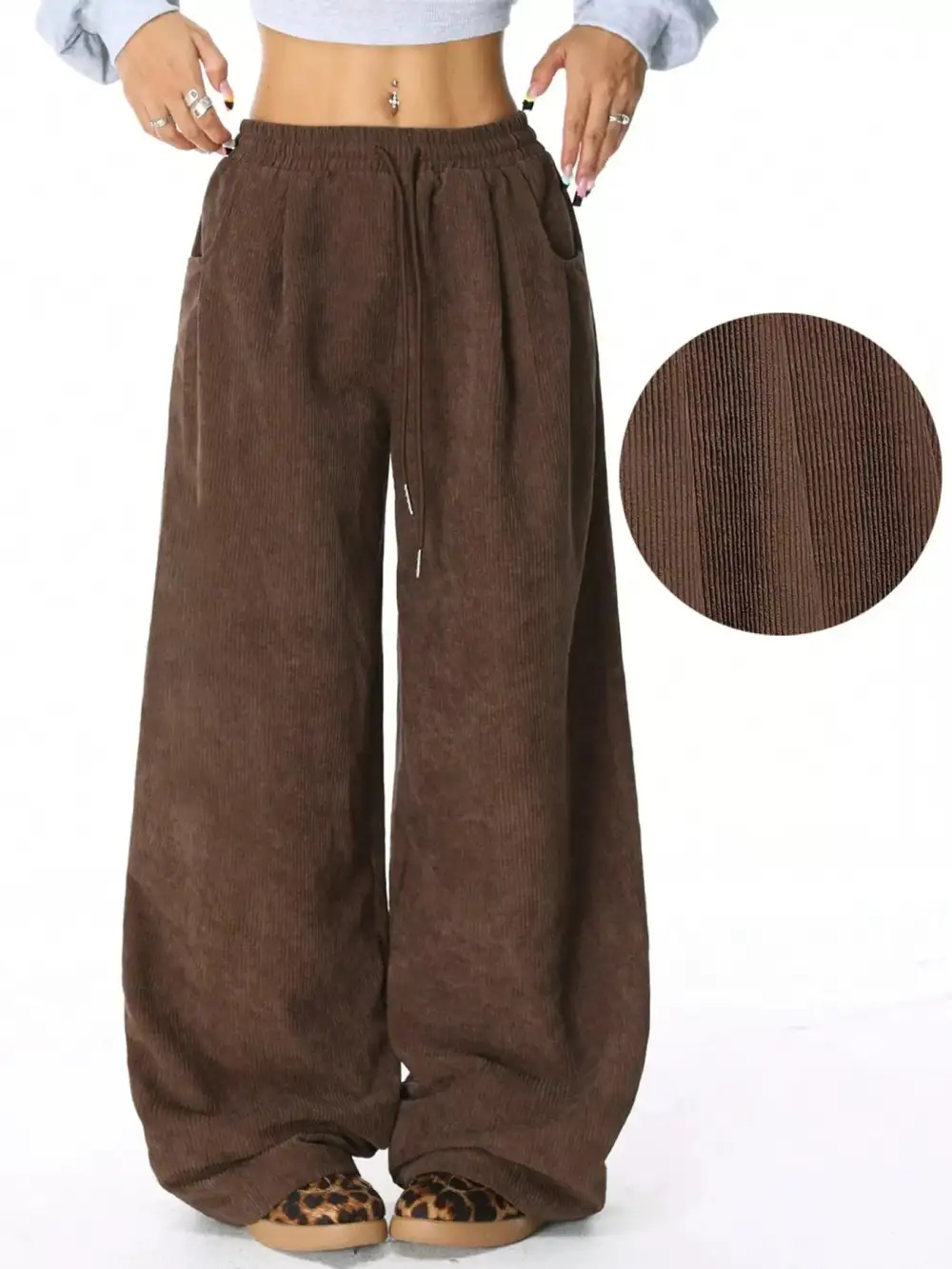 Wide Leg Corduroy Drawstring Pocketed Pants