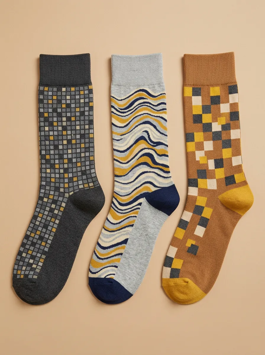 Men's Geometric Wavy Pattern Print 3-Pack Socks