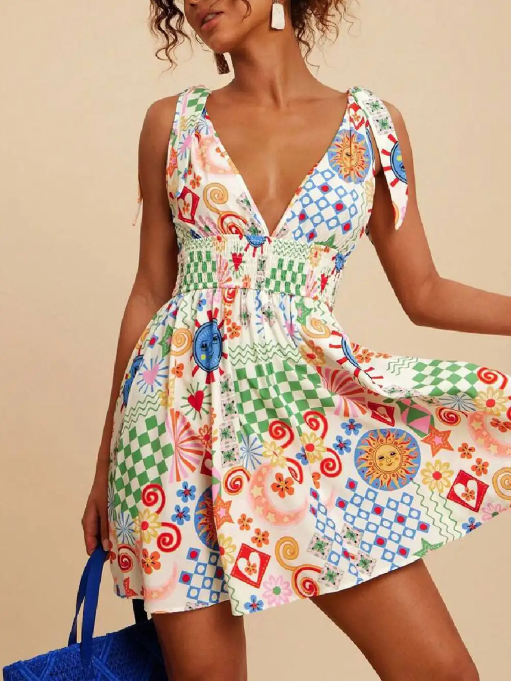 Printed V Neck Smocked Mini Dress