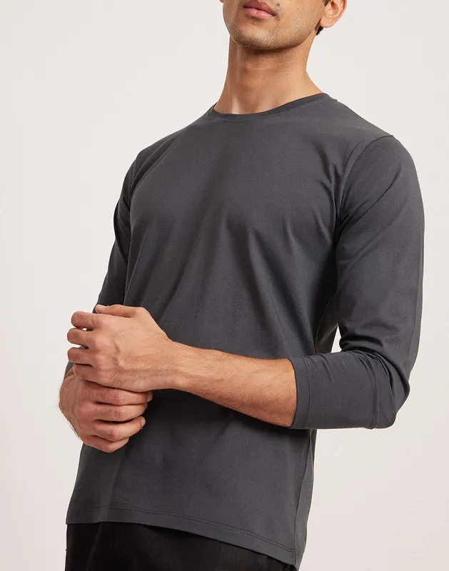 Charcoal Long Sleeve Cotton Crew Neck T-Shirt