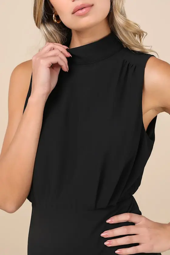 Classic Elegance Black Chiffon Sleeveless Mock Neck Mini Dress