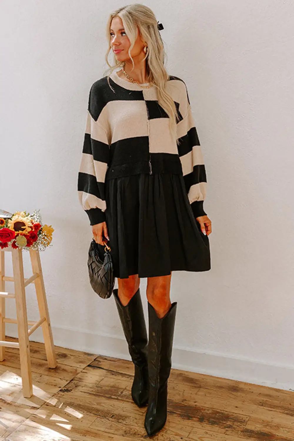 Striped Knit High Waist Sweater Dress
