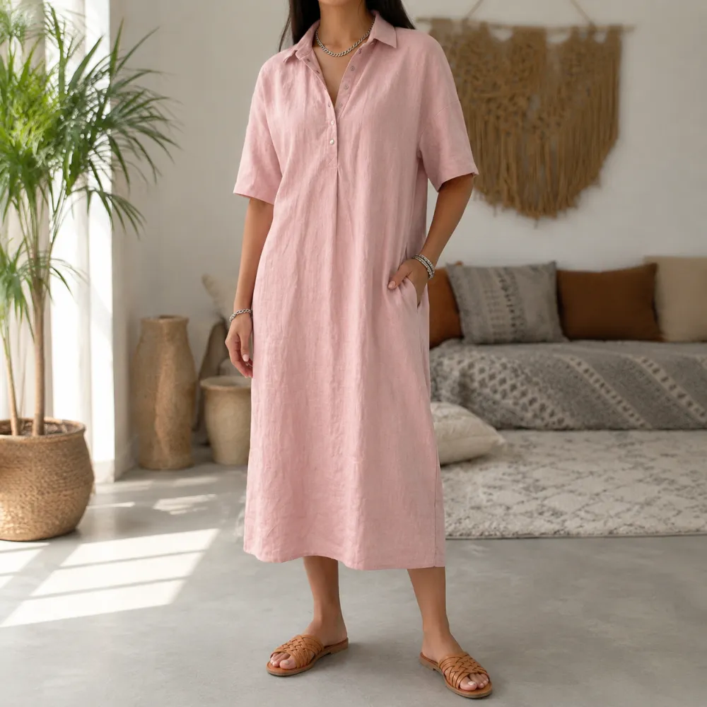 Linen Blend Polo Midi Dress