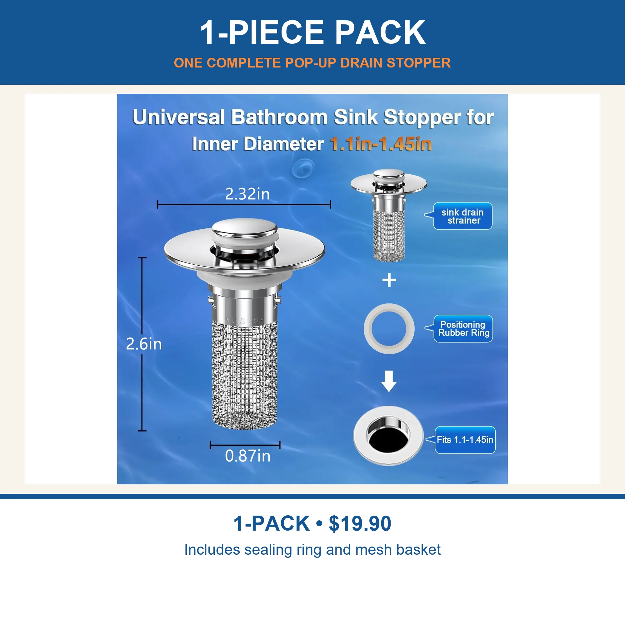 Universal Pop-Up Sink Drain Stopper with Stainless Steel Mesh Basket - 1-Piece Pack