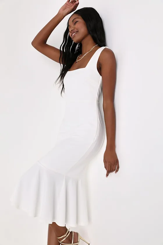 Moment Maker Black Square Neck Trumpet Midi Dress