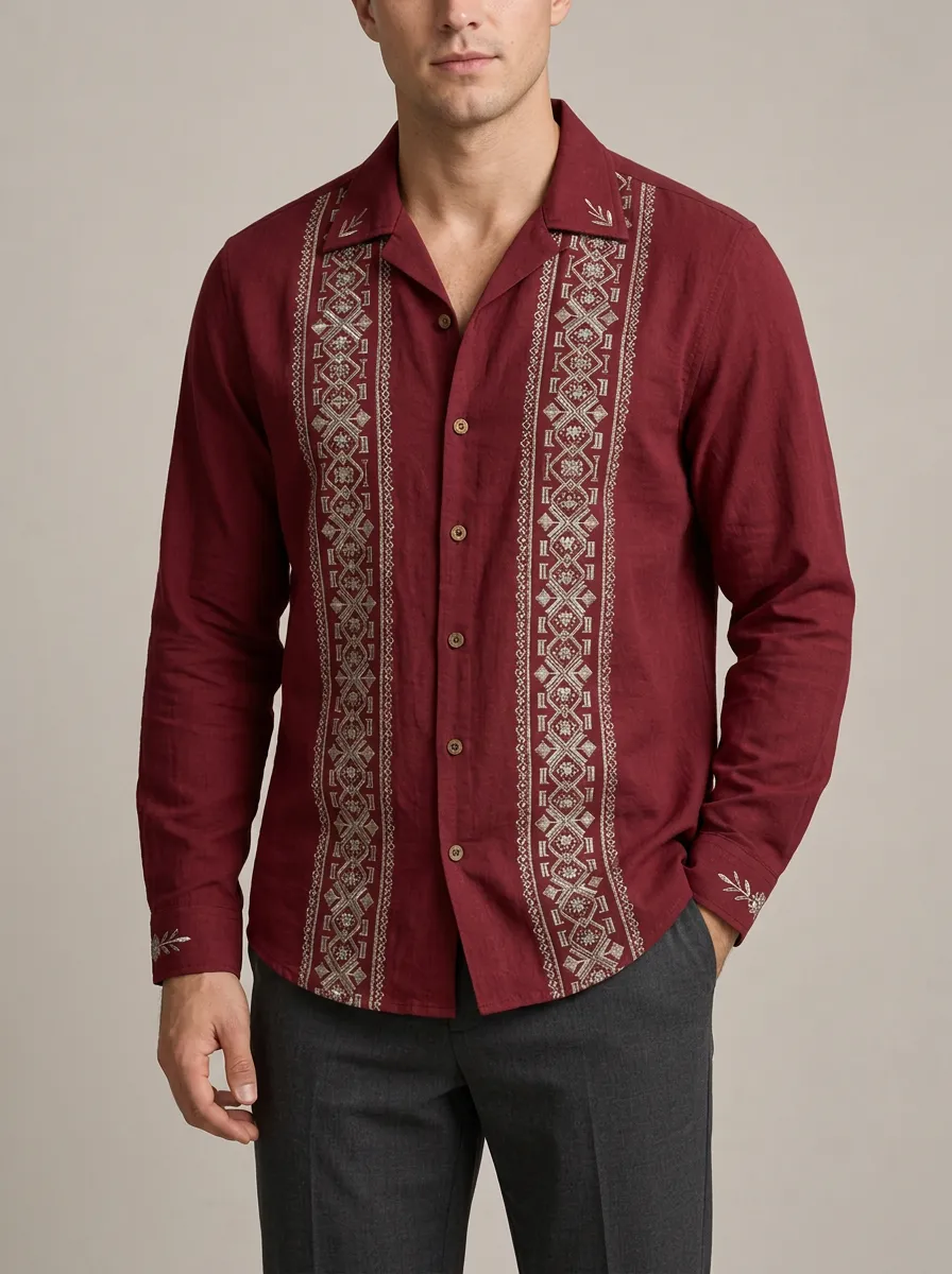 Men's Vintage Inspired Geometric Folk Embroidered Shirt