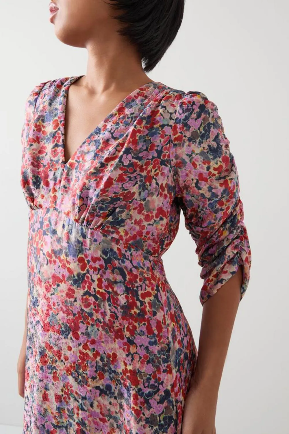 Pink Floral Print V Neck Midi Dress