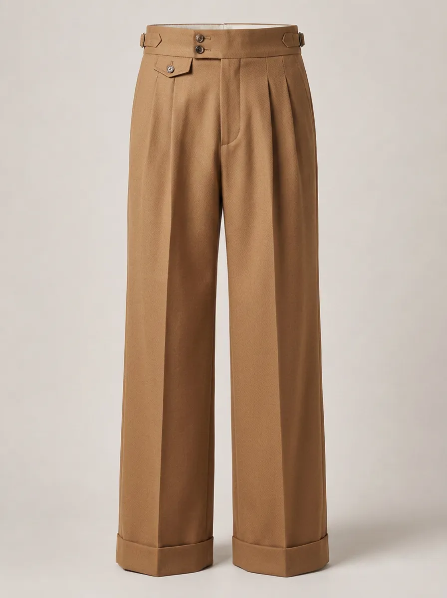 Men's Vintage Style Camel Pleated Wide Leg Trousers