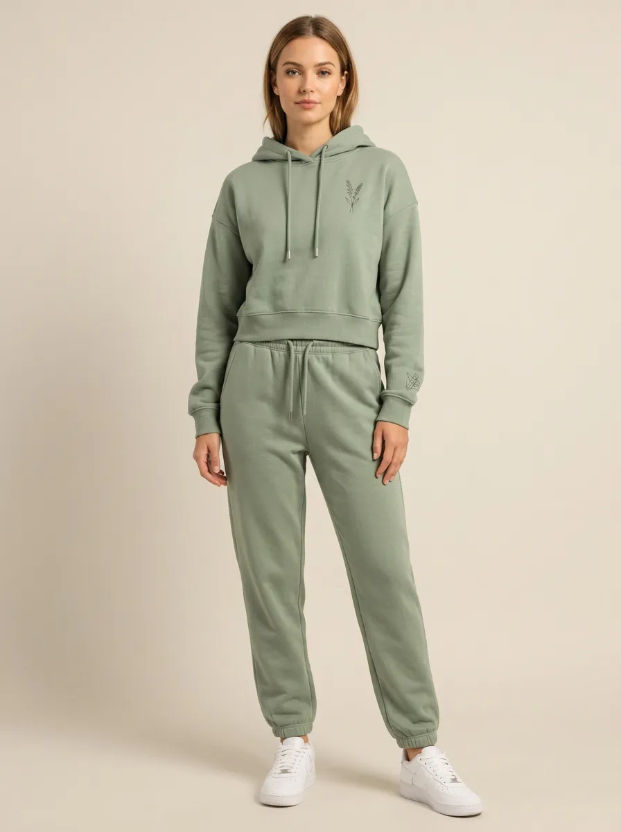 Women's Sage Green Cropped Hoodie Solid Hoodie & Pants Set
