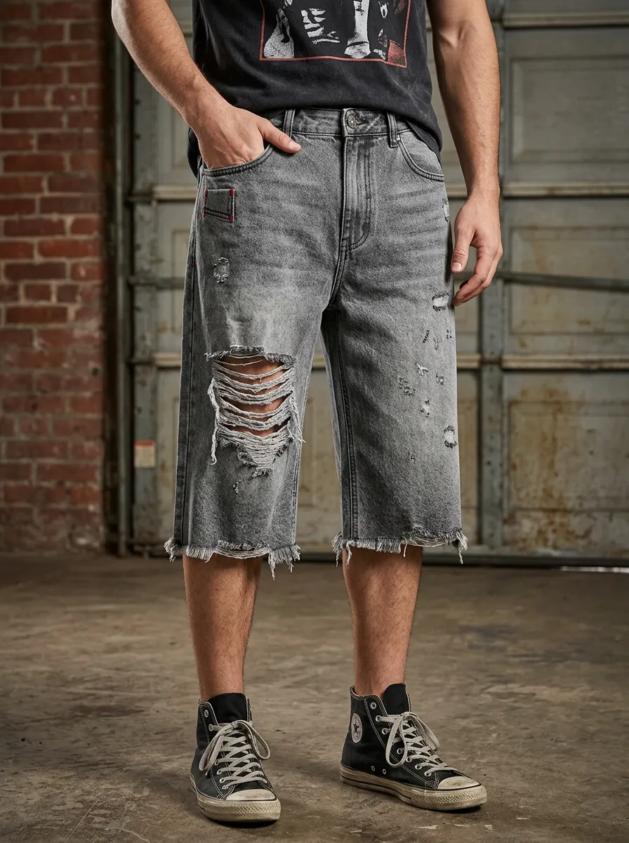 Men's Raw Hem Denim Shorts with Five Pocket Detail