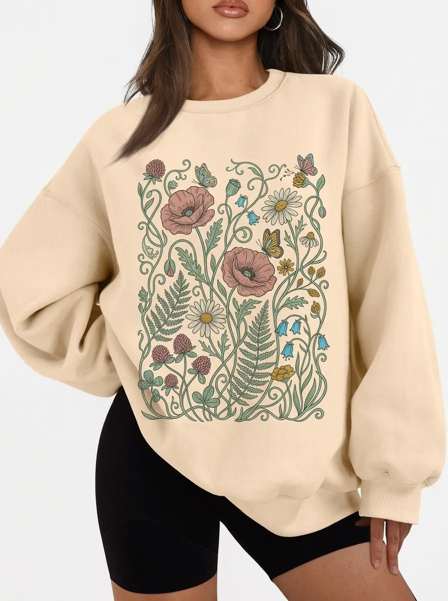 Women's Nature Lover Wildflower Butterfly Printed Sweatshirt