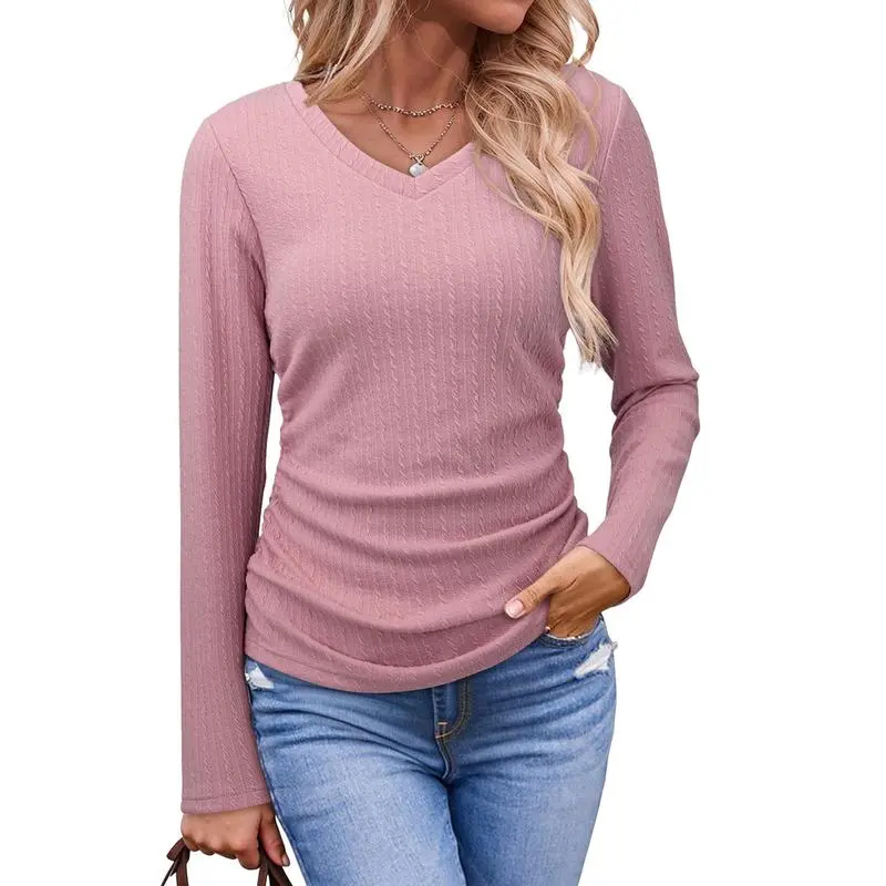 Womens Tops Casual V Neck Long Sleeve Shirts for Women Fashion Solid Ruched Basic Tunics Blouses