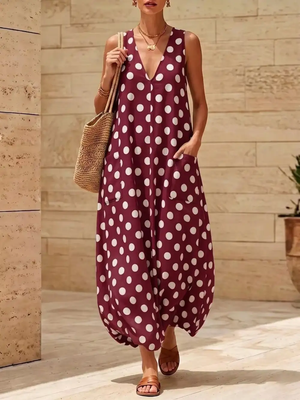 Polka Dot V-Neck Sleeveless Maxi Dress