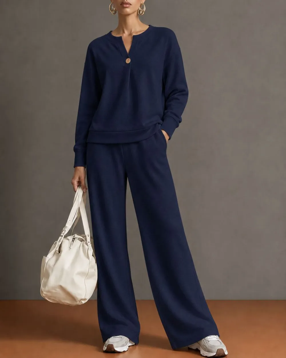 V-Neck One-Button Sweatshirt Set