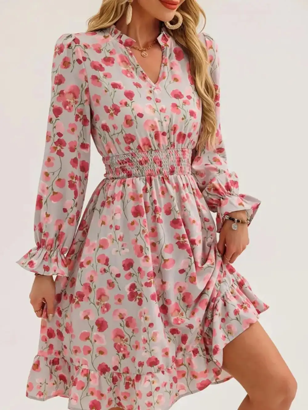 Layered Detail Floral Printed Ruffle Dress